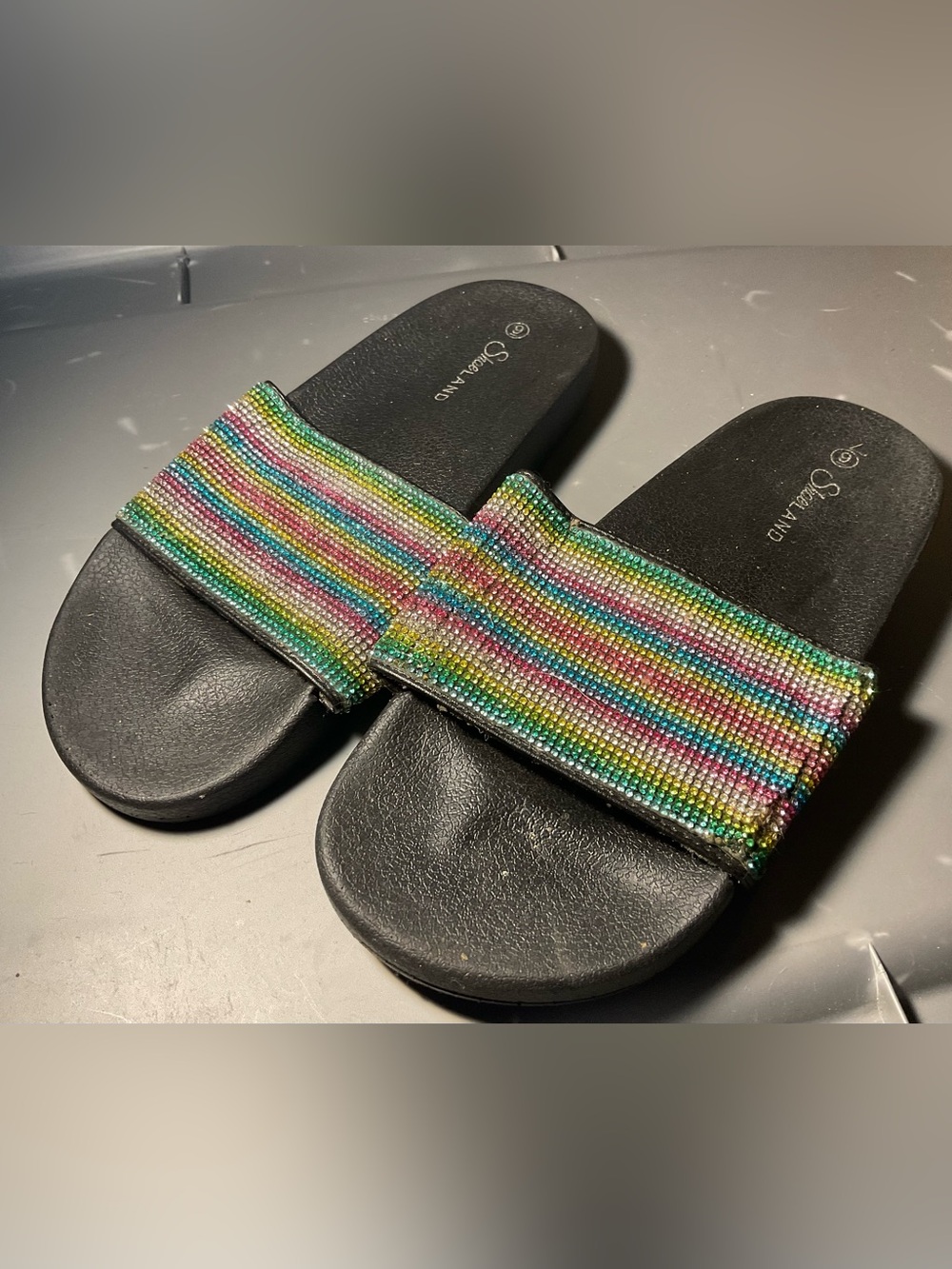 Shoe Land Black Slide Sandals with Multicolor Beaded Strap